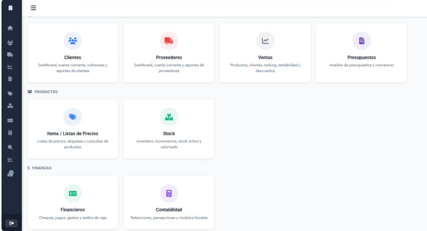 Panel principal de dashboards conectado a sistema de gestion externo
